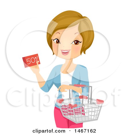 Clipart of a Happy Woman Holding a Half off Coupon and Shopping Basket - Royalty Free Vector Illustration by BNP Design Studio