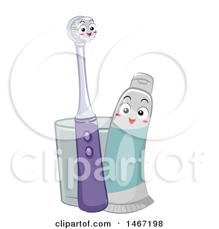 Clipart of a Happy Electric Toothbrush Mascot with a Tube of Paste and Cup - Royalty Free Vector Illustration by BNP Design Studio