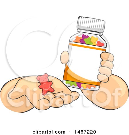 Clipart of a Pair of Child's Hands Holding a Bottle and Chewable Vitamin - Royalty Free Vector Illustration by BNP Design Studio