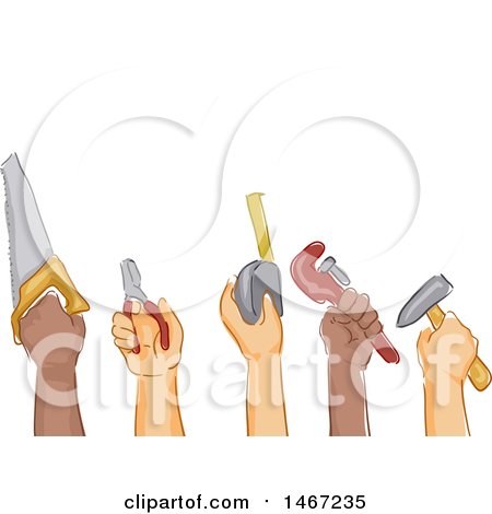 Clipart of a Sketched Row of Worker Hands Holding Tools - Royalty Free Vector Illustration by BNP Design Studio