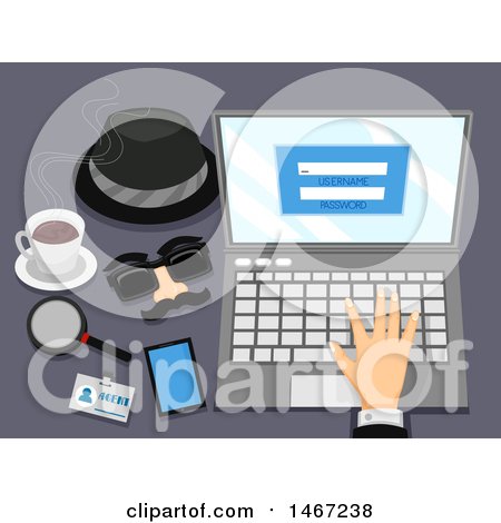 Clipart of a Hand Working on a Laptop Computer, with Spy Gear Items on the Side - Royalty Free Vector Illustration by BNP Design Studio