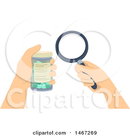 Clipart of a Pair of Hands Holding a Magnifying Glass and Pill Bottle - Royalty Free Vector Illustration by BNP Design Studio