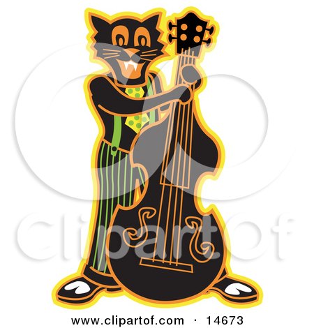 Black Cat Playing a Bass Fiddle in a Band Clipart Illustration by Andy Nortnik