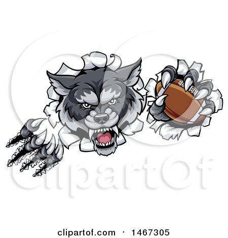 Clipart of a Ferocious Gray Wolf Slashing Through a Wall with a Football - Royalty Free Vector Illustration by AtStockIllustration