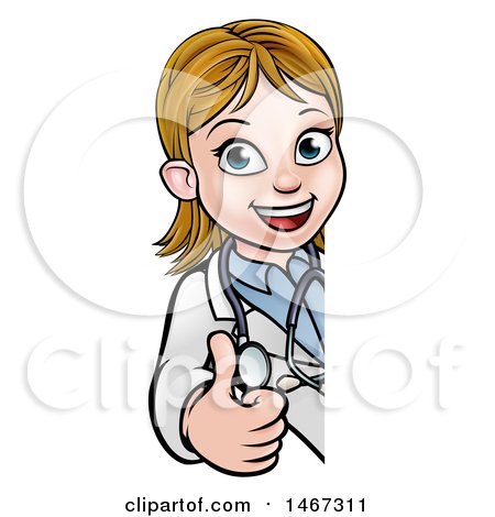 Clipart of a Cartoon Friendly White Female Doctor Giving a Thumb up Around a Sign - Royalty Free Vector Illustration by AtStockIllustration