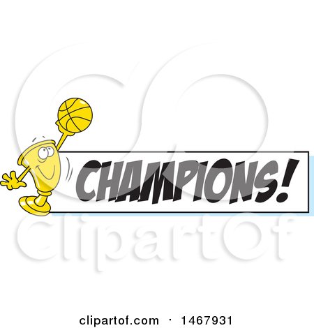Clipart of a Golden Trophy Mascot Holding up a Basketball by a Champions Banner - Royalty Free Vector Illustration by Johnny Sajem