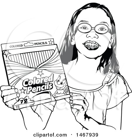 Clipart of a Black and White Grinning School Girl Holding a Box of Colored Pencils - Royalty Free Vector Illustration by dero