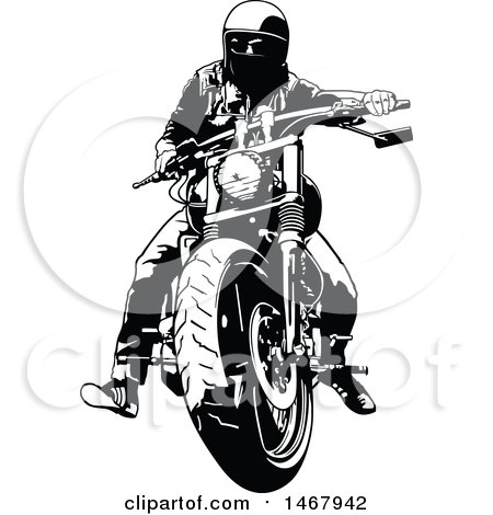 Clipart of a Black and White Biker on a Motorcycle - Royalty Free Vector Illustration by dero