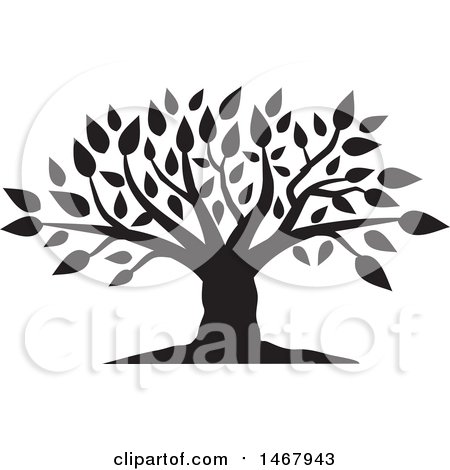 Clipart of a Tree with Leaves, Black and White Silhouette - Royalty Free Vector Illustration by Johnny Sajem
