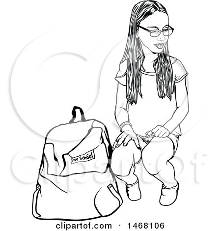 Clipart of a School Girl Crouching by a Backpack - Royalty Free Vector Illustration by dero