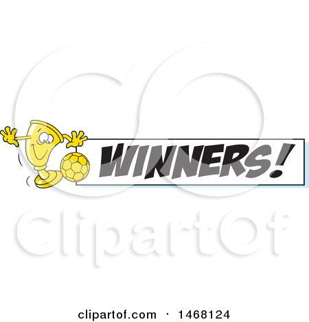 Clipart of a Golden Trophy Cup Mascot Playing Soccer by a Winners Banner - Royalty Free Vector Illustration by Johnny Sajem