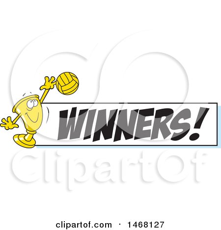 Clipart of a Golden Trophy Cup Mascot Playing Volleyball by a Winners Banner - Royalty Free Vector Illustration by Johnny Sajem