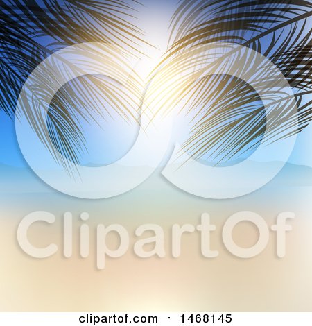Clipart of a Blurred Beach Background with Palm Tree Branches - Royalty Free Vector Illustration by KJ Pargeter