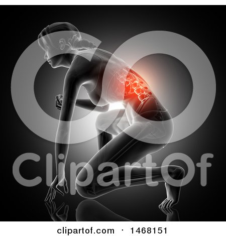 Clipart of a 3d Anatomical Woman Crouching, with Visible Glowing Spine, on Black - Royalty Free Illustration by KJ Pargeter