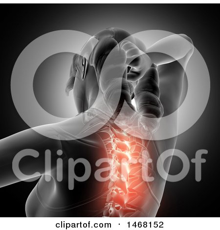 Clipart of a 3d Anatomical Woman with Visible Glowing Spine and Neck, on Black - Royalty Free Illustration by KJ Pargeter