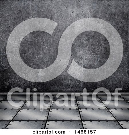 Clipart of a Concrete Wall and 3d Metal Tile Floor - Royalty Free Illustration by KJ Pargeter
