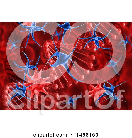 Clipart of a Background of a 3d Blue Viruses Attacking Dna Strands - Royalty Free Illustration by KJ Pargeter