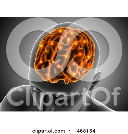 Clipart of a 3d Man's Head with Glowing Brain and Connections, on Gray - Royalty Free Illustration by KJ Pargeter