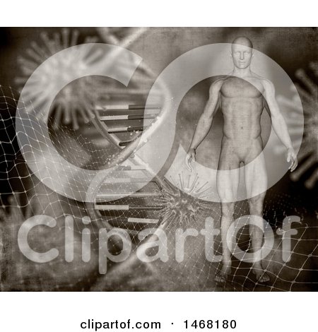 Clipart of a 3d Medical Man over a DNA Strand and Virus Vintage Background - Royalty Free Illustration by KJ Pargeter