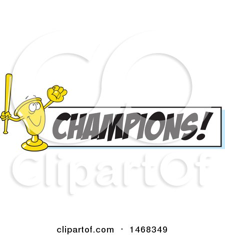 Clipart of a Golden Trophy Mascot Playing Baseball by a Champions Banner - Royalty Free Vector Illustration by Johnny Sajem