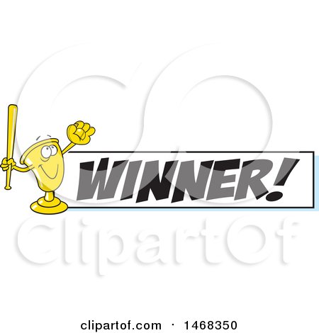Clipart of a Golden Trophy Mascot Playing Baseball by a Winner Banner - Royalty Free Vector Illustration by Johnny Sajem