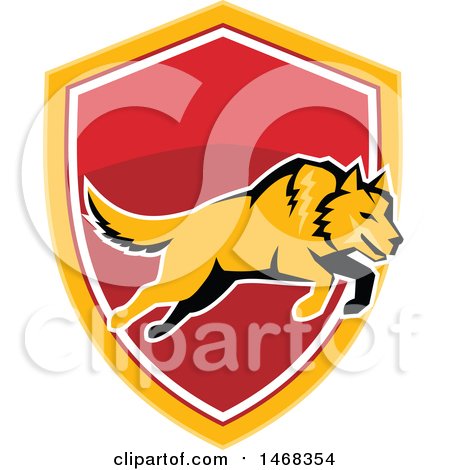 Clipart of a Leaping Orange Wolf over a Shield - Royalty Free Vector Illustration by patrimonio