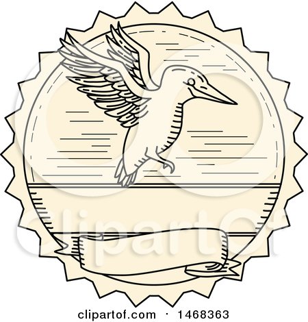 Clipart of a Line Drawing Styled Kingfisher Bird Flying in a Seal - Royalty Free Vector Illustration by patrimonio