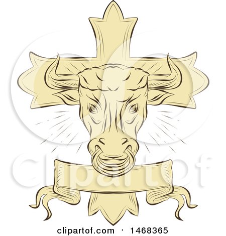 Clipart of a Sketched Taurus Bull over a Christian Cross and Banner - Royalty Free Vector Illustration by patrimonio