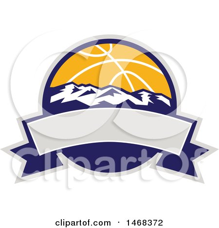 Clipart of a Basketball and Mountains Circle over a Blank Banner - Royalty Free Vector Illustration by patrimonio