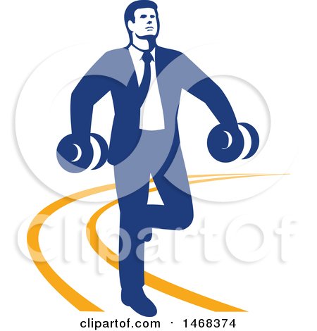 Clipart of a Retro Business Man Power Walking with Dumbbells on an Orange Lined Path - Royalty Free Vector Illustration by patrimonio