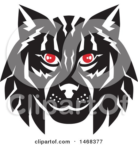 Clipart of a Black and White Lynx Cat Face with Red Eyes - Royalty Free Vector Illustration by patrimonio
