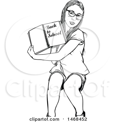 Clipart of a School Girl Holding a Notebook with Text, Black and White - Royalty Free Vector Illustration by dero