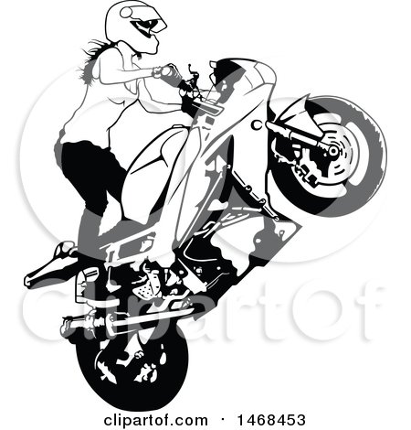 Clipart of a Female Biker Jumping a Motorcycle - Royalty Free Vector Illustration by dero