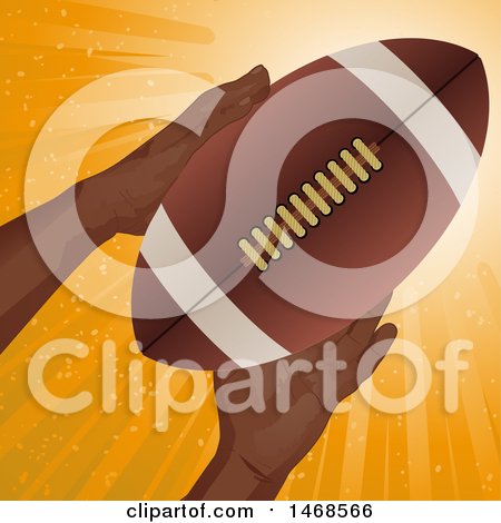 Clipart of a Pair of Hands Holding a Football over Orange Rays - Royalty Free Vector Illustration by elaineitalia