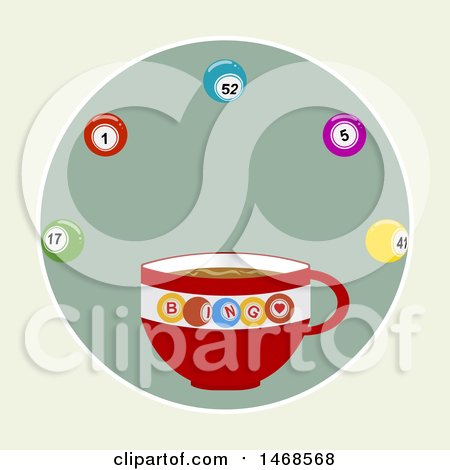 Clipart of a Coffee Cup with Bingo Balls over Vintage Green - Royalty Free Vector Illustration by elaineitalia