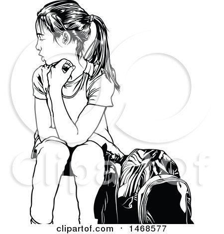 Clipart of a Black and White Sitting School Girl - Royalty Free Vector Illustration by dero
