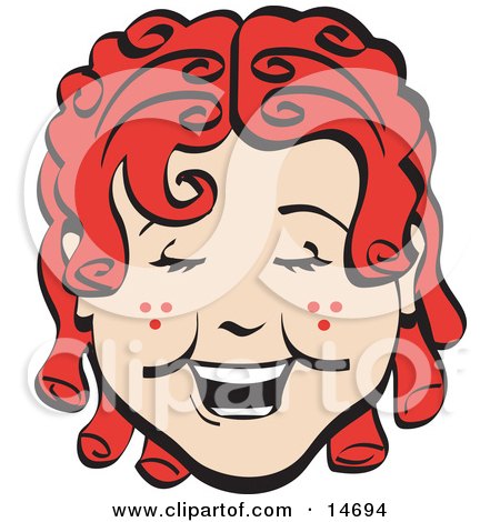 Happy Curly Red Haired Girl With Freckles, Laughing Retro Clipart Illustration by Andy Nortnik