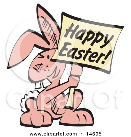Pink Easter Bunny With Buck Teeth Holding a Happy Easter Sign Clipart Illustration by Andy Nortnik