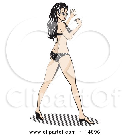 Sexy Long Haired Brunette Woman In A Black And White Polka Dot Bikini, Looking Back Over Her Shoulder Clipart Illustration by Andy Nortnik
