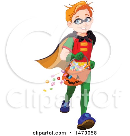 Clipart of a Boy Trick or Treater Running in a Super Hero Halloween Costume - Royalty Free Vector Illustration by Pushkin