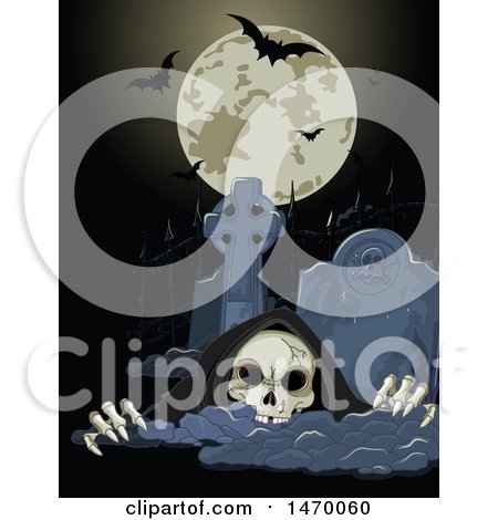 Clipart of a Grim Reaper Skeleton Rising from a Grave Under a Halloween Full Moon with Bats - Royalty Free Vector Illustration by Pushkin