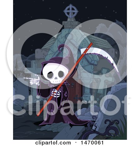 Grim Reaper Skeleton Pointing in a Cemetery Posters, Art Prints