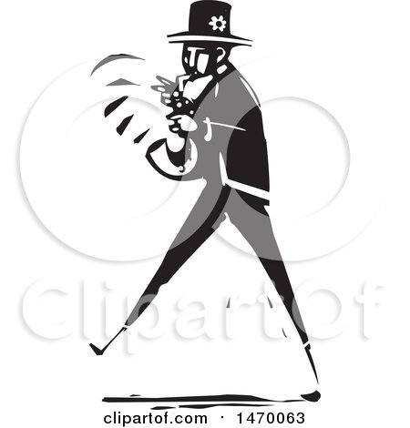 Clipart of a Jazz Musician Playing a Saxophone in Black and White Woodcut - Royalty Free Vector Illustration by xunantunich