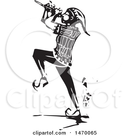 Clipart of a the Pied Piper Marching and Playing a Pipe in Black and White Woodcut - Royalty Free Vector Illustration by xunantunich