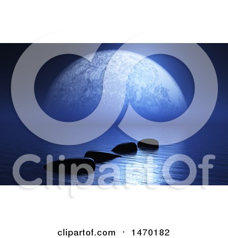 Clipart of a 3d Full Moon over a Still Ocean with Stepping Stones - Royalty Free Illustration by KJ Pargeter