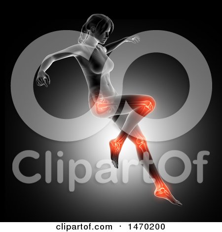 Clipart of a 3d Anatomical Woman Jumping, with Visible Leg Bones and Highlighted Joints, on Gray - Royalty Free Illustration by KJ Pargeter