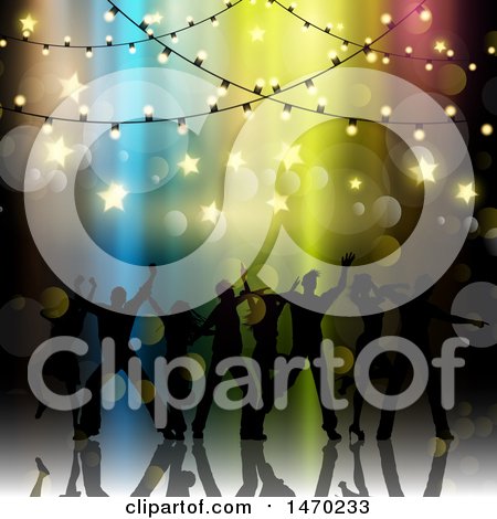 Clipart of a Silhouetted Crowd of Dancers Under Stars and Lights - Royalty Free Vector Illustration by KJ Pargeter