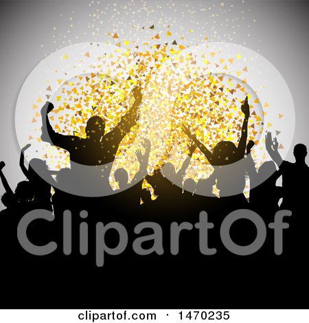 Clipart of a Silhouetted Crowd of Dancers and Confetti - Royalty Free Vector Illustration by KJ Pargeter