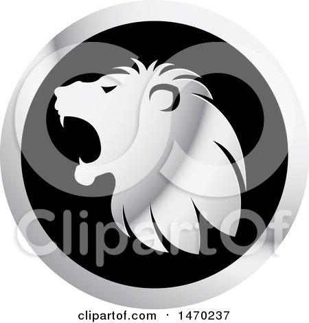Clipart of a Silver Roaring Lion Head in Profile on a Round Icon - Royalty Free Vector Illustration by Lal Perera