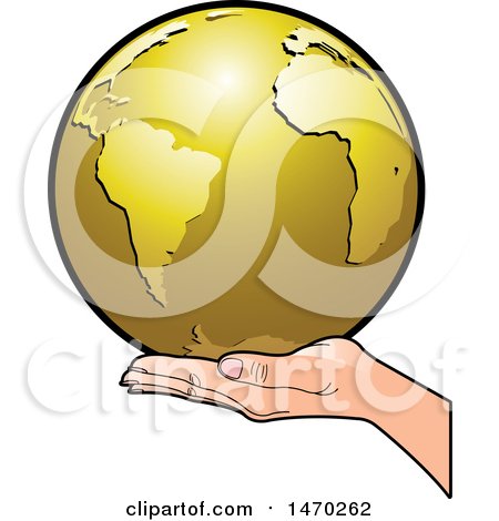 Clipart of a Hand Holding a Golden Earth - Royalty Free Vector Illustration by Lal Perera
